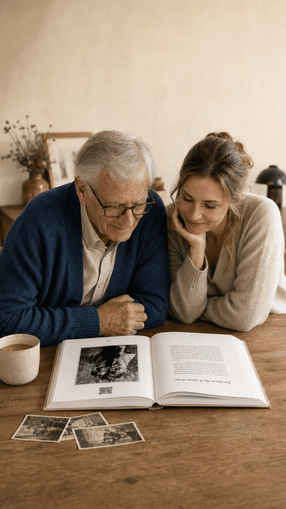 Een vader en dochter lezen samen hun familieverhalen-boek aan tafel, met oude foto's ernaast