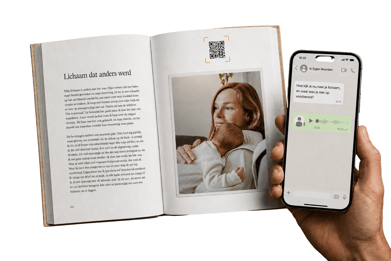 Het Mam Journal met een hoofdstuk-foto van moeder en kind, naast een telefoon met een ingesproken WhatsApp-bericht